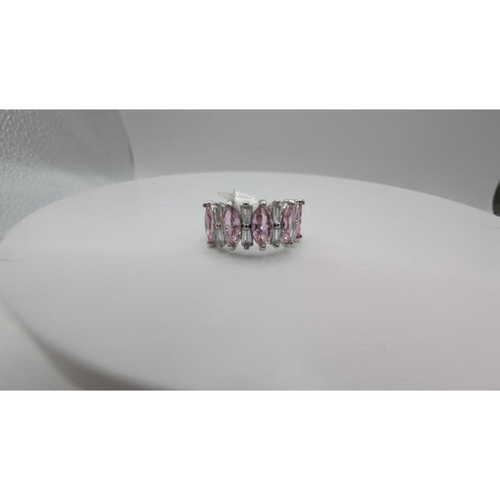 Silver Tone Ring with Pink Gemstones, Size 6 - Picture 2 of 8